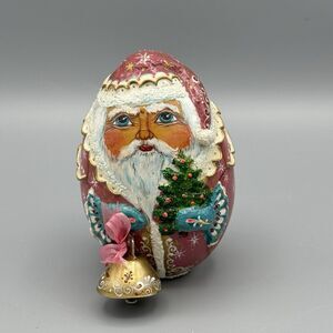 Russian Handpainted Carved Santa with Bell Tree Toy Bag Egg 3D Figurine Signed